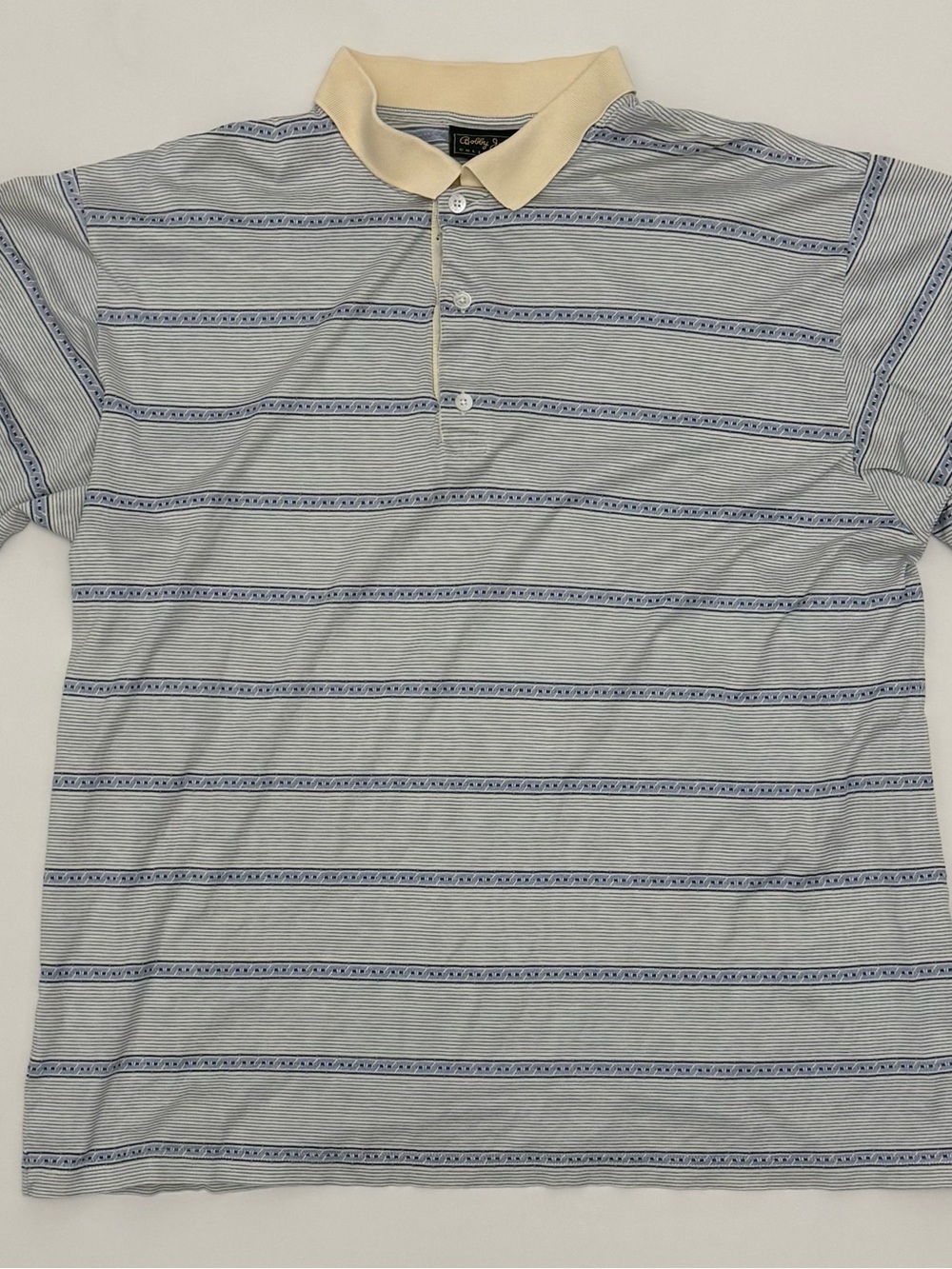 Vintage Bobby Jones Men’s Striped Golf Polo Shirt in Light Blue w Cream Collar